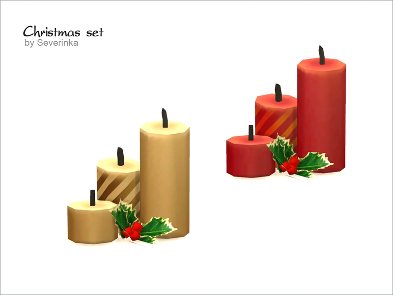 Dos conjuntos de velas cc de sims 4. Hay tres velas en cada conjunto, que van de cortas a altas en orden. La del medio tiene rayas diagonales.