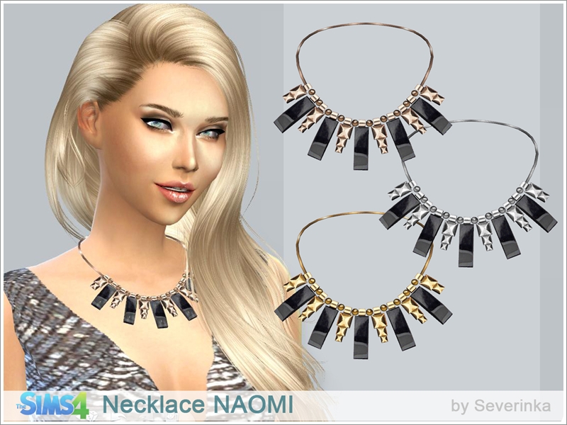 Una sim con el cabello rubio recogido hacia un lado que lleva puesto un collar statement.