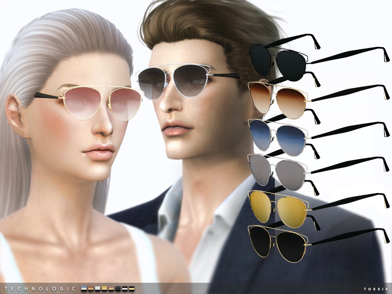 Un sim masculino y un sim femenino mirando hacia un lado y llevando puestas un par de modernas gafas de sol de aviador.