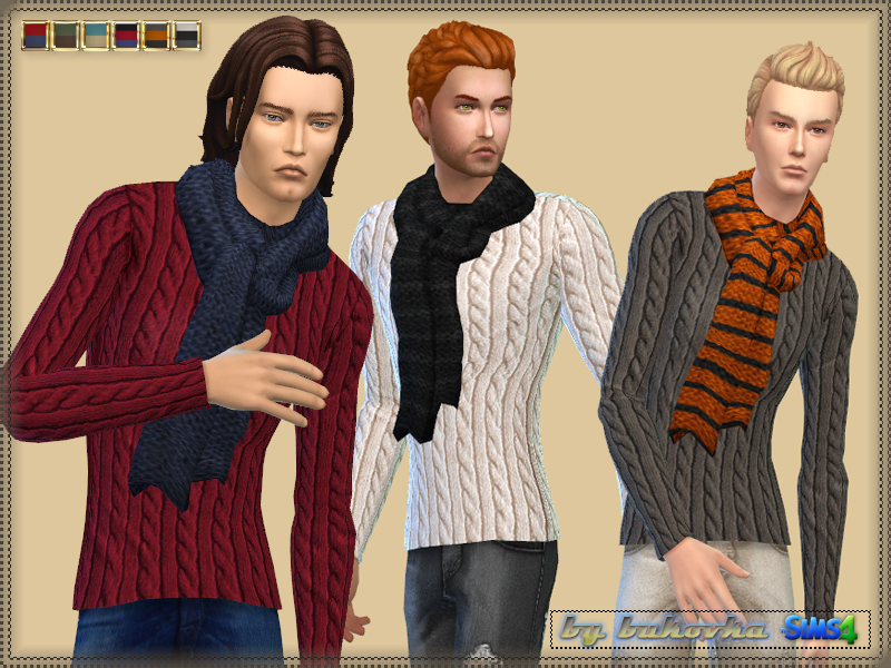 Tres sims diferentes llevando un suéter con bufanda