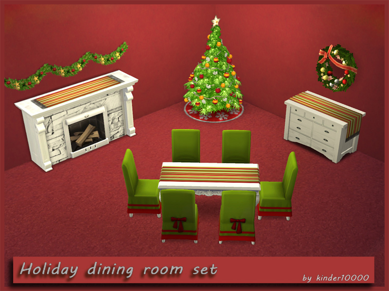 Una habitación con paredes y suelos rojos que tiene un árbol de Navidad en la esquina. Tiene una variedad de conjuntos de muebles navideños para Los Sims 4.