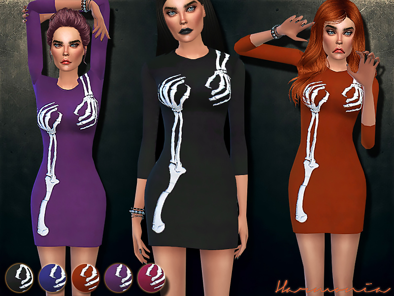 Un conjunto de sims vistiendo un vestido de Halloween de Sims 4 CC, es un suéter de manga larga con manos de esqueleto rodeando el pecho
