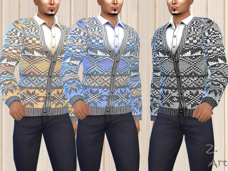 Tres versiones del mismo Sim vistiendo una camisa blanca abotonada debajo de un cárdigan cc de Sims 4
