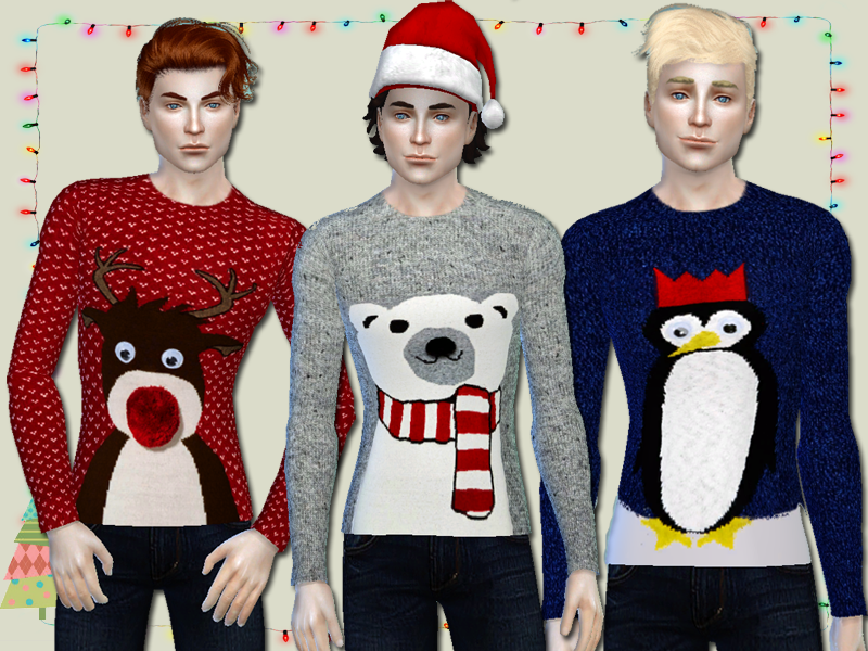 Tres sims diferentes que llevan una sudadera navideña delgada. El primero tiene un reno, el segundo un oso polar y el tercero es un pingüino.