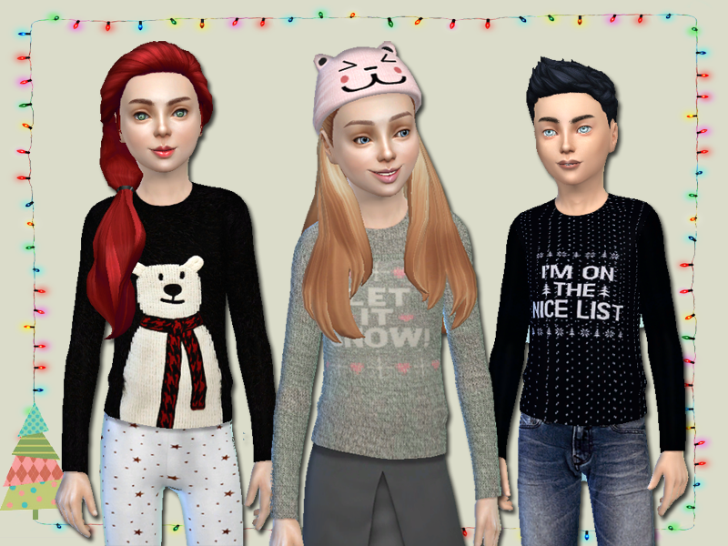 Tres personajes de Sims 4 que llevan ropa CC navideña. Tienen suéteres puestos que dicen cosas como 
