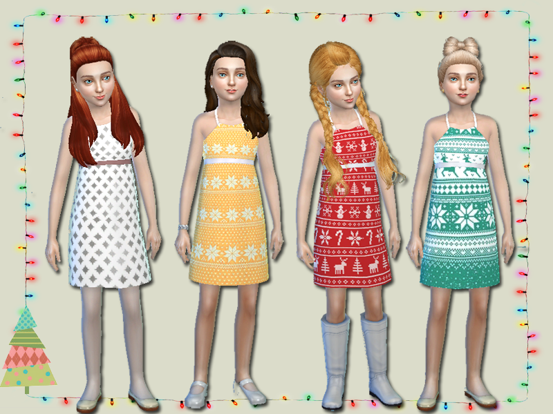 Cuatro sims diferentes que llevan un vestido sin mangas de Navidad por encima de la rodilla, perfecto para climas más cálidos.