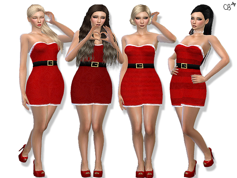 Cuatro sims vistiendo un vestido temático de Santa con cinturón y todo, perfecto para la ropa navideña de sims 4 cc