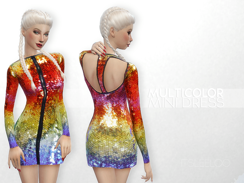 Un sim con cabello blanco vistiendo un vestido arcoíris con pedrería.