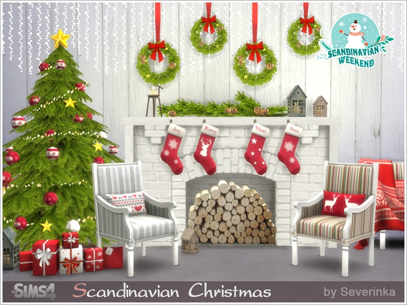 Un conjunto de muebles inspirado en el estilo escandinavo con una chimenea blanca, sillas sencillas y un lindo árbol de Navidad.