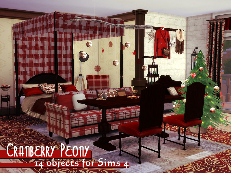 Este conjunto de muebles navideños de CC para Los Sims 4 tiene muchos toques de rojo. Hay un dosel sobre la cama, un árbol de Navidad pequeño y un sofá a cuadros.