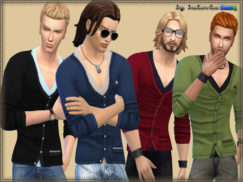 Cuatro Sims masculinos diferentes que llevan un cárdigan con escote en V muy profundo, botones pequeños y un pequeño bolsillo en Los Sims 4