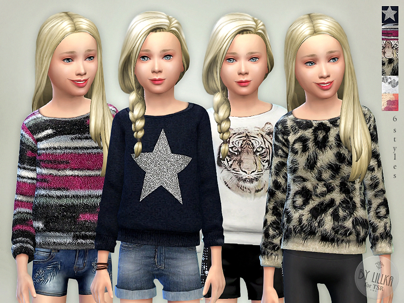 Cuatro sims vistiendo lindas sudaderas en el juego que son perfectas para camisetas de niños en los sims 4