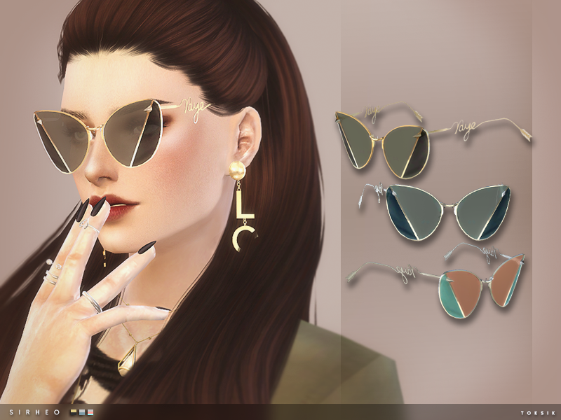 Un Sim con pelo castaño oscuro que lleva puestos unos pendientes colgantes con las letras LOVE, tiene las uñas pintadas de negro y se lleva la mano a los labios. Lleva puestas unas gafas de sol de Los Sims 4 CC.