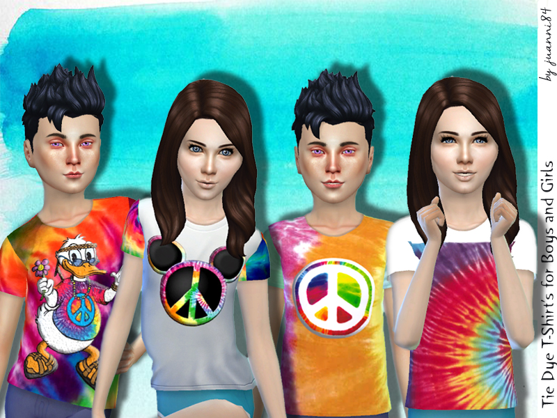 Cuatro sims con camisetas de varios tipos de tie dye, incluyendo símbolos de paz y orejas de Disney