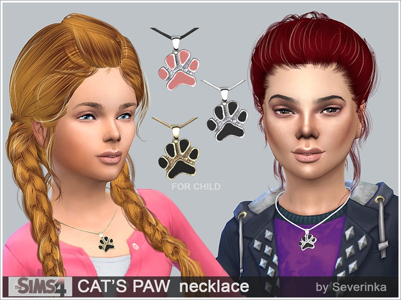 Dos sims con el cabello recogido que llevan un collar de Sims 4 CC con una huella de mascota.