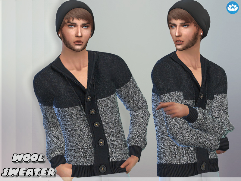 Dos versiones del mismo Sim masculino vistiendo un gorro, aretes y un suéter de lana abotonado en Los Sims 4