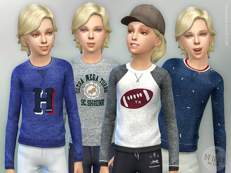 Cuatro sims rubios que llevan jeans y suéteres de manga larga.