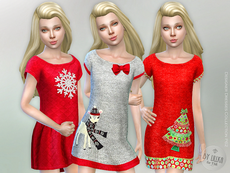 La misma niña rubia en Los Sims 4 tres veces vistiendo un vestido de camiseta de punto con un amplio cuello redondeado. Los patrones tienen copos de nieve, árboles de Navidad y lazos.