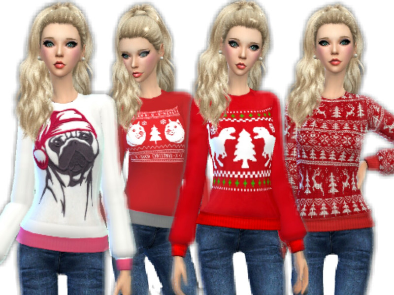 Cuatro sims rubias con ojos azules iguales. Estos sims están usando suéteres feos de Navidad.