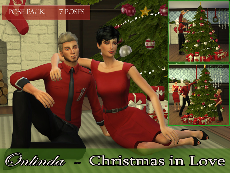Dos sims enamorados posando juntos con los brazos alrededor el uno del otro frente al árbol de Navidad