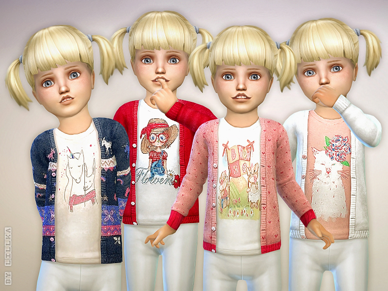 La misma sim rubia de aspecto espeluznante 4 veces con su cabello recogido en coletas, todas llevan pantalones blancos y diferentes muestras del mismo cardigan de sims 4 cc.