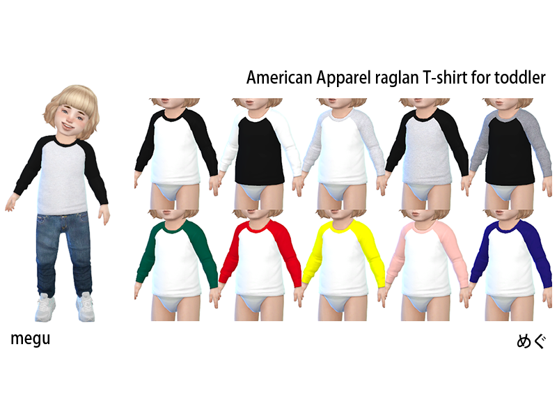 Un niño pequeño rubio con ojos azules que lleva jeans azules y zapatillas blancas. En la parte superior, este Sim lleva una camiseta raglán con una base blanca y mangas negras.