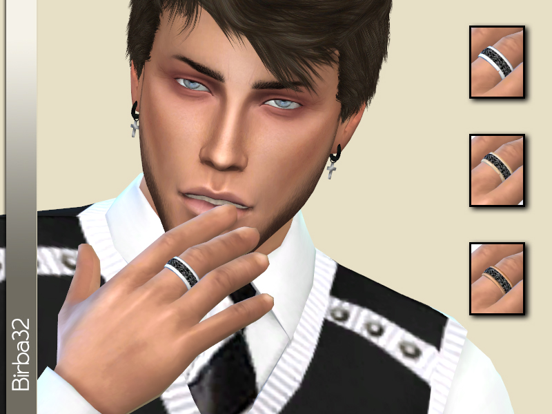 Un personaje masculino de Los Sims 4 vistiendo un cardigan blanco y negro y un anillo negro con detalles plateados en los bordes.