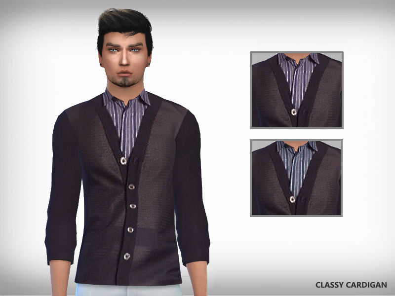 Un sim mirando hacia ti vistiendo una camisa a rayas morada con un cardigan encima.