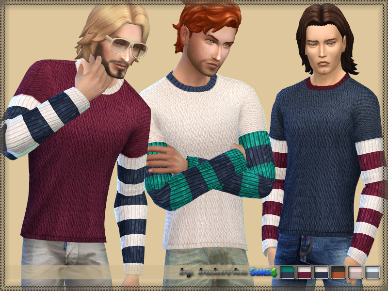 Tres sims masculinos diferentes vistiendo el mismo suéter de punto a rayas donde los brazos son a rayas y el cuerpo es de un solo color en Los Sims 4