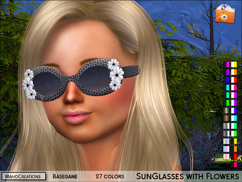 Un niño rubio en Los Sims 4 con pelo largo. Lleva puestas unas gafas de sol pequeñas y redondeadas con flores en el borde.