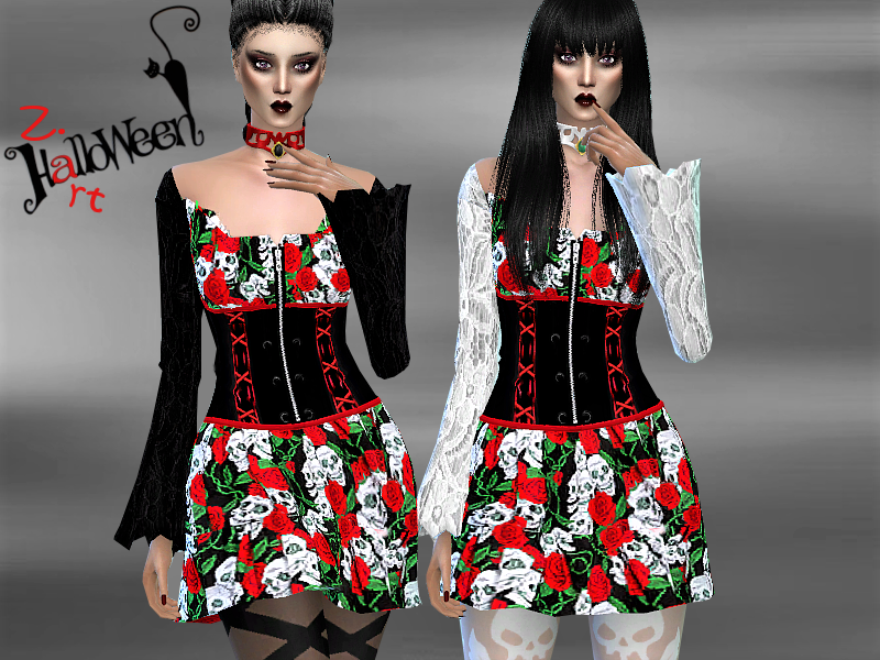 Dos sims usando un vestido estampado de flores y calaveras con corsé y mangas de encaje