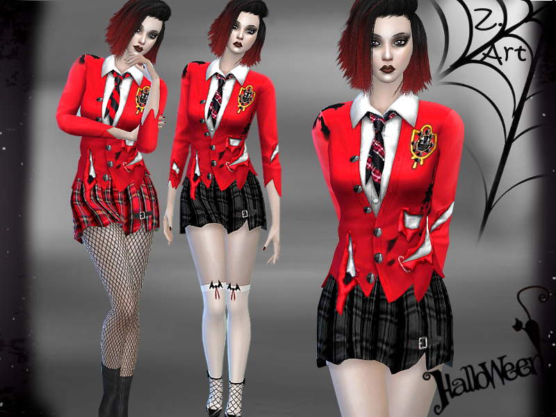 Un sim vistiendo un uniforme escolar rasgado, con maquillaje oscuro y lápiz labial oscuro