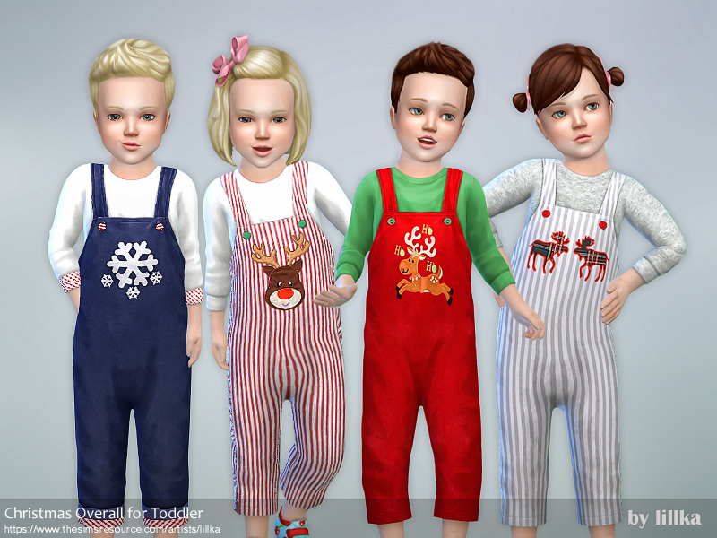 Cuatro sims en edad de bebé en Los Sims 4 que llevan ropa navideña CC de Los Sims 4, que son unos monos sobre una camiseta de manga larga.