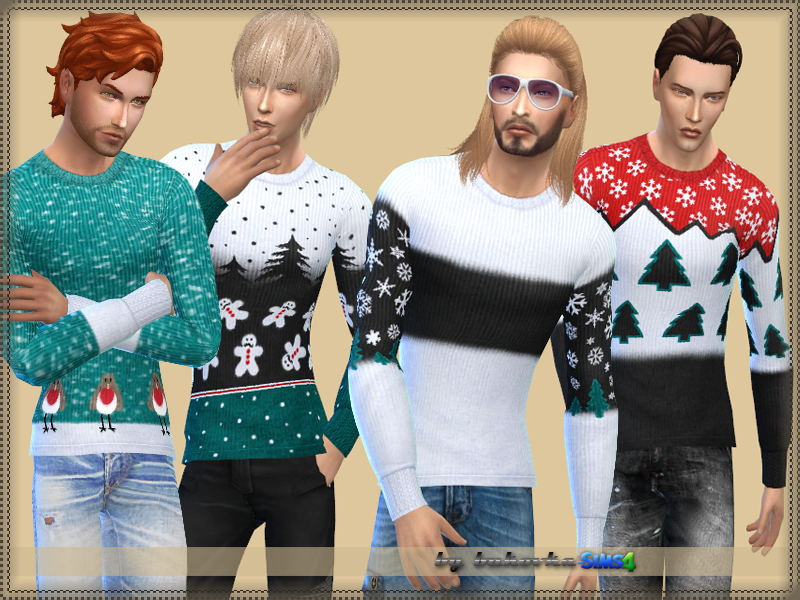 Cuatro sims vistiendo varias versiones de un suéter navideño con copos de nieve, árboles y hombres de jengibre