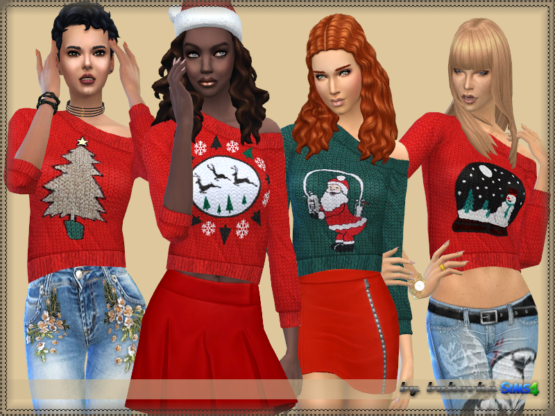 Cuatro personajes femeninos de Los Sims 4 usando suéteres navideños. Estos suéteres son fuera del hombro.