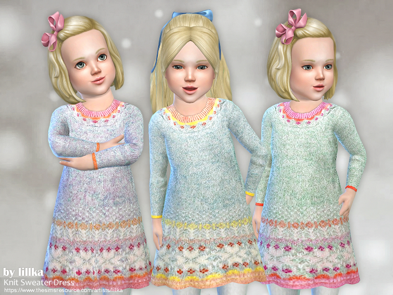 Tres niñas rubias de The Sims 4 que llevan diferentes muestras del mismo vestido de manga larga tejido