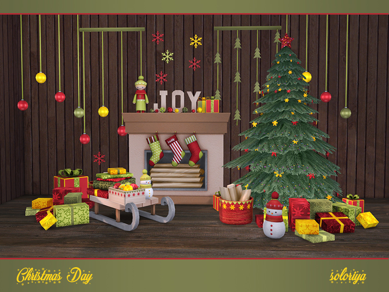 Un conjunto de sims 4 cc para Navidad que incluye una chimenea, medias, un muñeco de nieve, regalos sueltos y un árbol de Navidad.