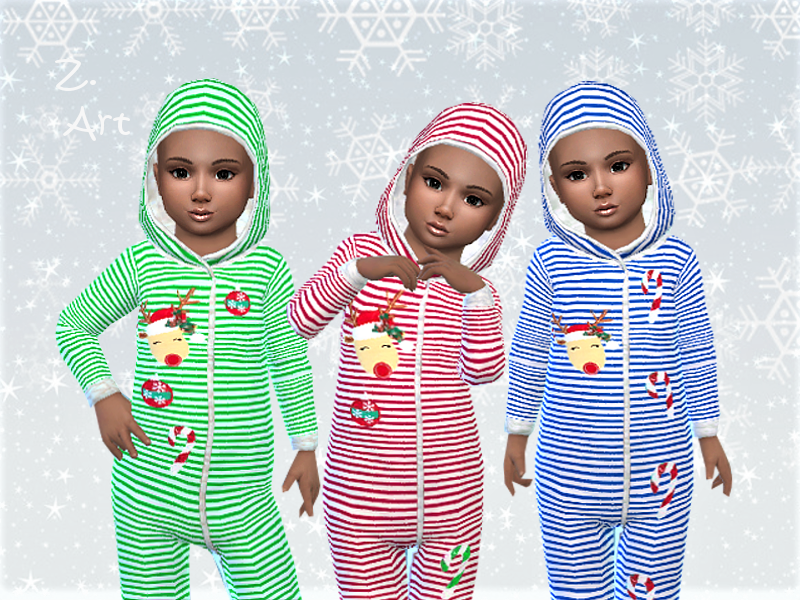 Tres niños pequeños vistiendo una onesie a rayas con un reno y bastones de caramelo.