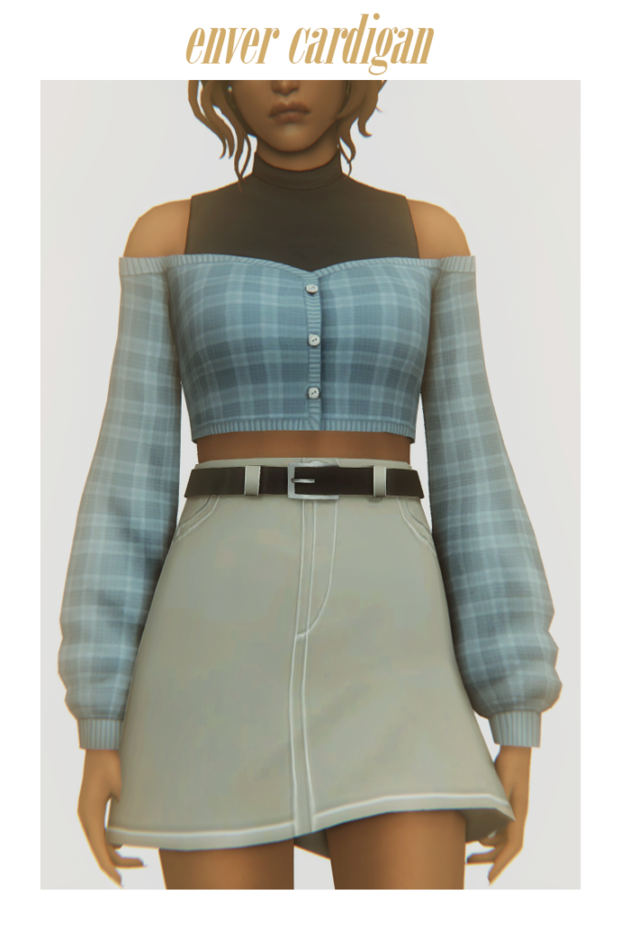 Un sim de pie con los brazos a los lados vistiendo un top sin mangas de cuello alto con un suéter corto sin hombros encima. Es un suéter de cuadros para contenido personalizado de Los Sims 4.