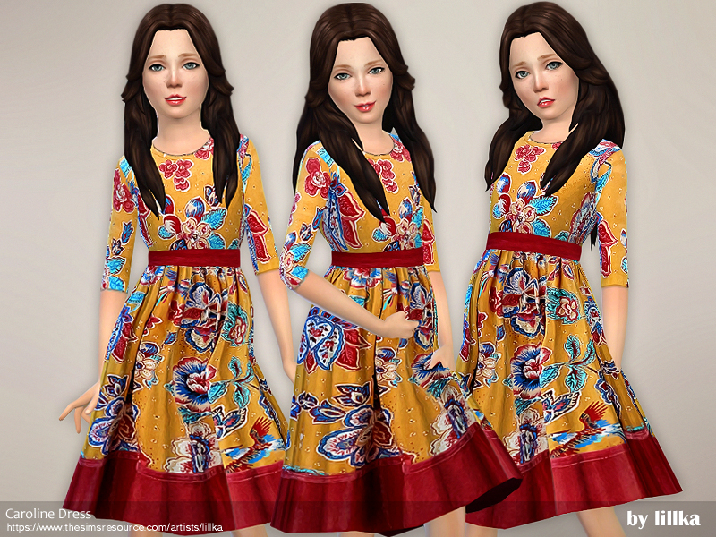 El mismo personaje de Los Sims 4 de edad infantil con cabello largo y castaño que lleva puesto un vestido dorado brillante con flores y un ribete y cinturón rojos.