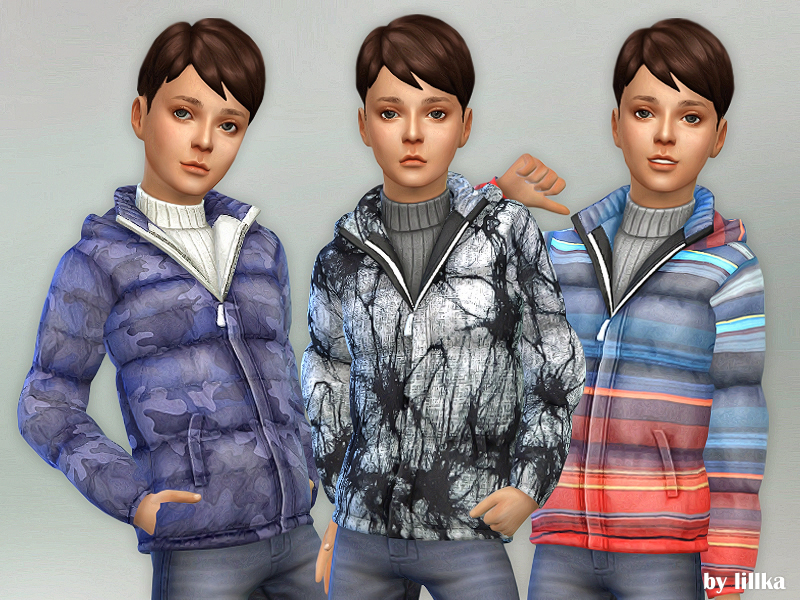 El mismo Sim tres veces con cabello castaño y este Sim lleva una chaqueta acolchada que está medio abrochada. Esta opción de chaqueta CC tiene un suéter de cuello alto debajo.