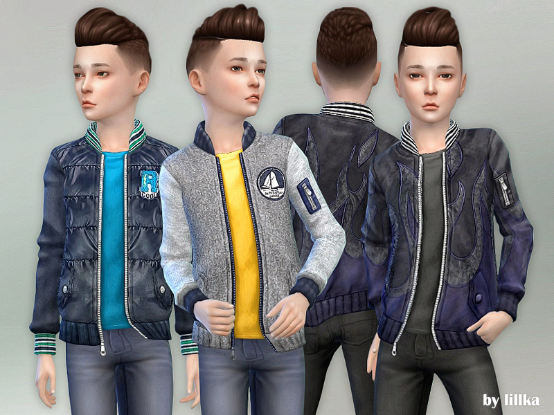 El mismo Sim de Los Sims 4 con cuatro atuendos diferentes, el Sim tiene un estilo de cabello voluminoso con un lado afeitado y está usando una opción de chaqueta CC abierta con una camiseta debajo.