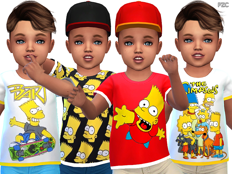 Cuatro niños pequeños con ojos azules y cabello castaño vistiendo camisetas de Los Simpsons.