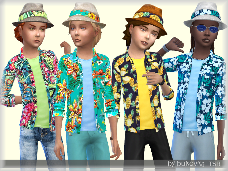 Cuatro personajes masculinos de Los Sims 4 que llevan sombreros hawaianos y camisas hawaianas a juego.
