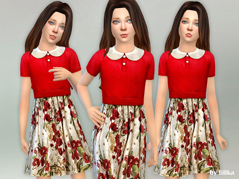 Una sim vistiendo un vestido con falda floral y una camisa roja con cuello Peter Pan.