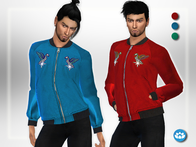 Dos Sims diferentes con cabello negro que llevan puestas chaquetas bomber cc con cremallera, ya sea azul o roja, la chaqueta tiene un pájaro en el pecho.