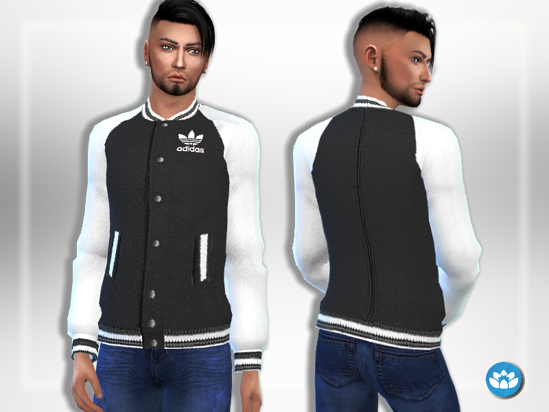 El mismo Sim visto de frente y por detrás, este Sim lleva una opción de chaqueta Adidas negra y blanca para hombre.