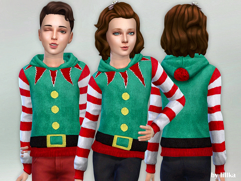 Tres sims con cabello castaño que llevan puestas sudaderas de elfo a juego