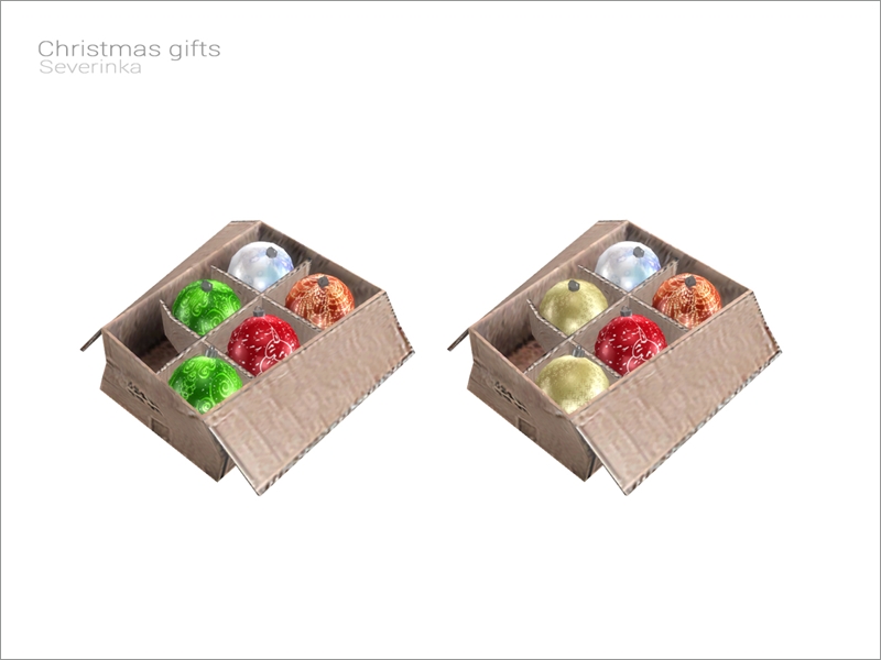 Una caja de cartón marrón que está llena de cinco adornos navideños sims 4 cc.