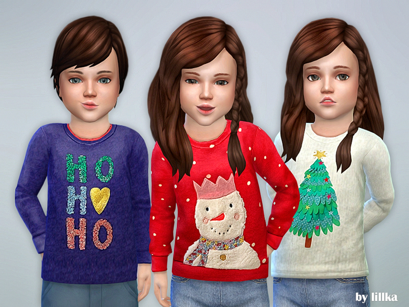 Tres sims con cabello castaño que llevan puestos suéteres navideños delgados de Los Sims 4 CC de manga larga.